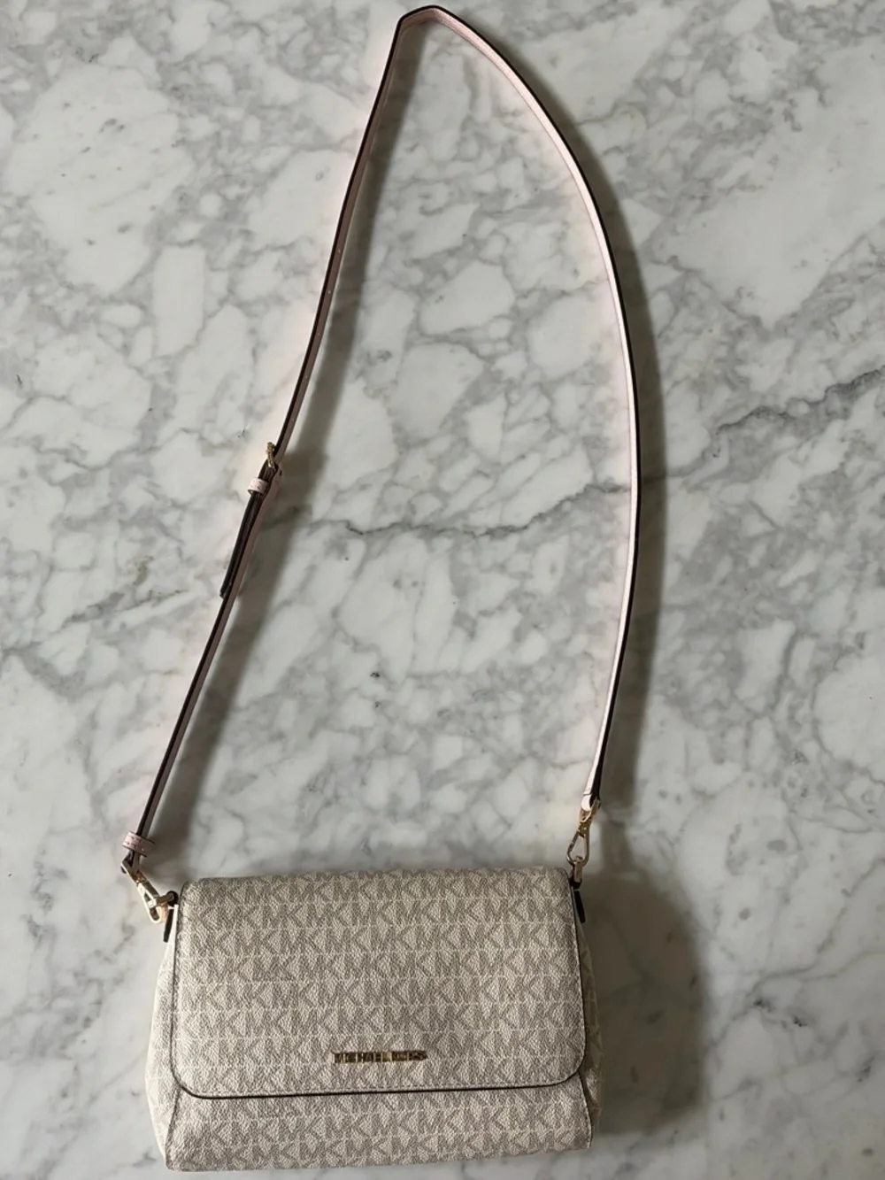 Michael Kors Beige Monogram Crossbody Bag with Light Pink Strap